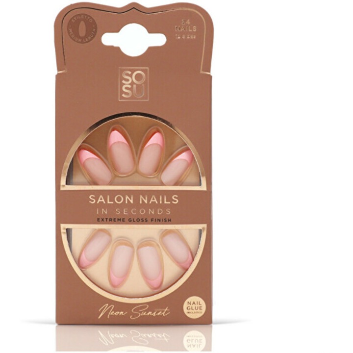Set unghii false SOSU Neon Sunset, 24 bucti, multicolor