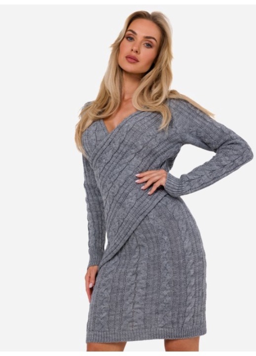 Плетена рокля, Акрил, V-образно деколте, Сива, S/M