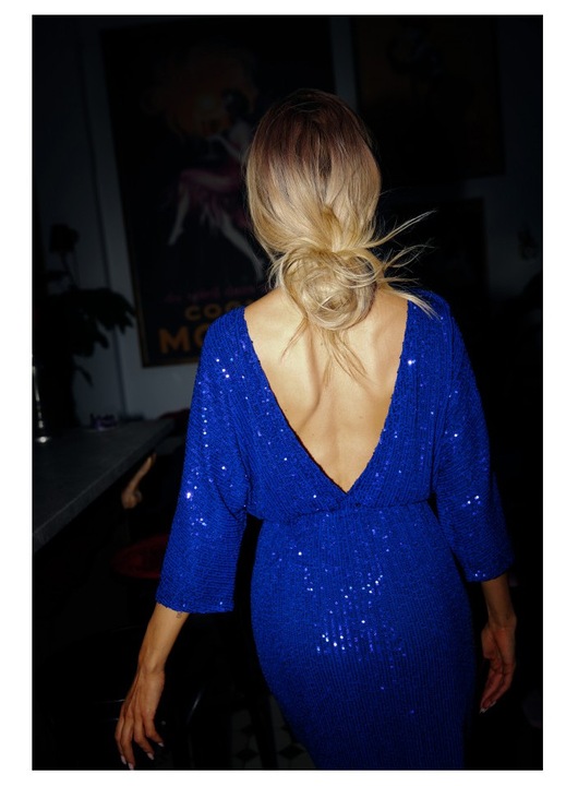 Rochie din paiete cu decolteu la spate, MOE, Albastru