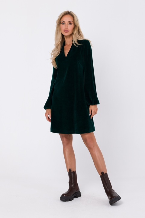 Кадифена рокля с V-образно деколте, MOE, Зелен