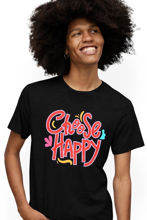 Мъжка тениска с романтичен текст на английски Chose Happy, Choose Happiness, Dragobete,, Черен