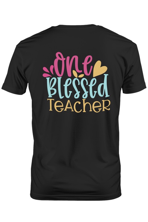 Мъжка тениска с едно благословено послание за учител, професия учител, сърца, любим учител, розово жълто синьо, Тъмно черно