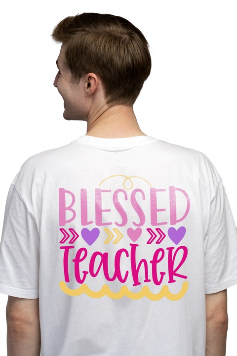 Мъжка тениска с текст на английски Blessed Teacher, Colorful Hearts, Teacher, School Counselors, Чисто бяло