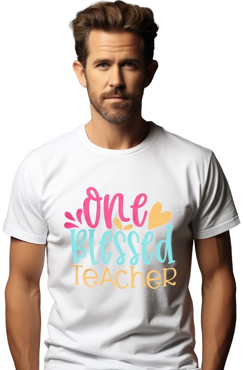 Мъжка тениска с едно благословено послание за учител, професия учител, сърца, любим учител, розово жълто синьо, Бял