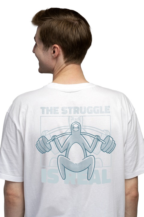 The Struggle Is Real Мързеливо животно Вдигане на тежести Фитнес зала Фитнес Подарък за любителите на спорта Мотивационна мъжка тениска Синя, Чисто бяло