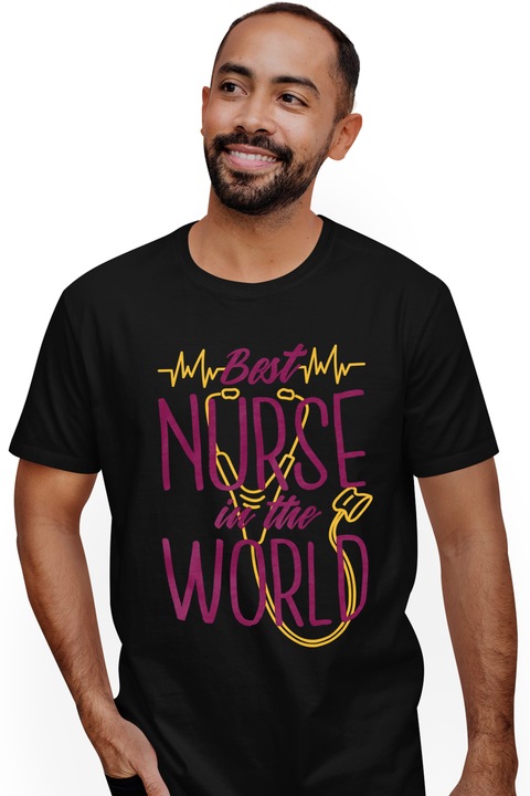 Мъжка тениска с надпис The Best Nurse In The World, Medical Assistant, Purple Yellow, Love Yourself, Medicine Lovers, Черен