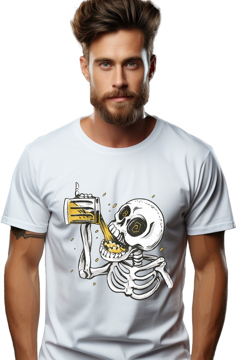 Мъжка тениска Skeleton Man Pouring A Mug Of Beer In Mouth Alcohol Забавен мъжки подарък за любителите на бира Черен Жълт преден печат 100% памук Бял L