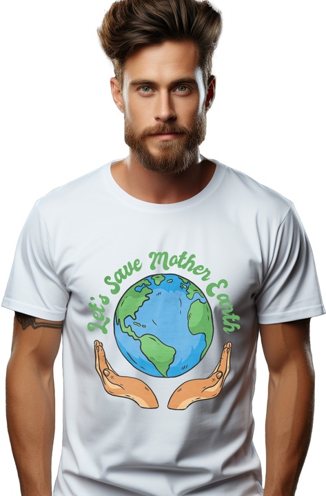 Мъжка тениска с грижовни ръце на планетата Земя, текст на английски Let's Save Mother Earth, замърсяване, екологична среда, Бял