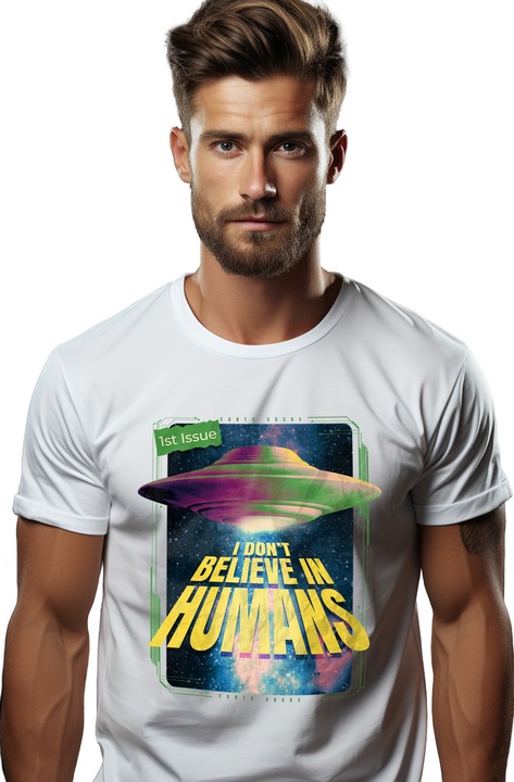 Tricou Barbati Cu Nava Spatiala, Text I Don't Belive In Humans, Univers Infinit Necunoscut, Extraterestri, cu imprimeu pe Fata, 100% Bumbac, Alb, L