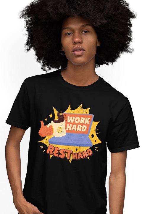 Tricou Barbati Cu Mesaj Motivational Work Hard Rest Harder, Laptop, Incredere De Sine, Confidance, Self Love, Cadou Pentru Iubitorii De Incredere, Negru, cu imprimeu pe Fata, 100% Bumbac, Negru, XS