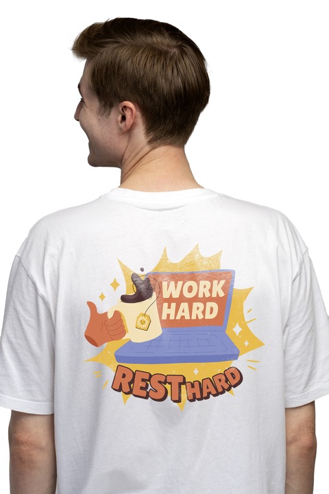 Tricou Barbati Cu Mesaj Motivational Work Hard Rest Harder, Laptop, Incredere De Sine, Confidance, Self Love, Cadou Pentru Iubitorii De Incredere, Negru, cu imprimeu pe Spate, 100% Bumbac, Alb, XS