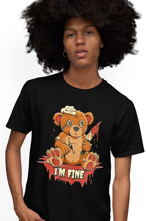 Tricou Barbati Cu Ursulet De Plus Ranit Taiat Cu Un Cutit Cu Sange, Text In Engleza I'm Fine, Iubitorii De anime cu imprimeu pe Fata, 100% Bumbac, Negru, XL