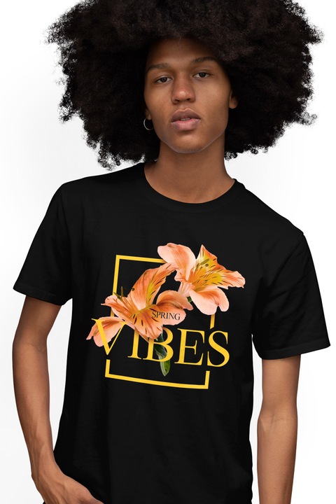 Мъжка тениска с розови оранжеви тропически цветя, текст на английски Пролетни емоции, пролет, любители на природата, Черен