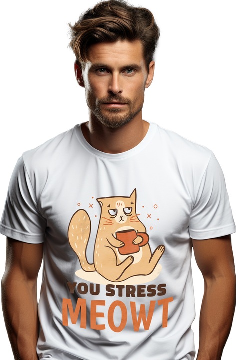 Tricou Barbati Cu Pisica Suparat Cu Ceasca De Cafea, Mesaj In Engleza You Stress Meowt, Animale Blanoase, Iubitorii De Cafea, cu imprimeu pe Fata, 100% Bumbac, Alb, S
