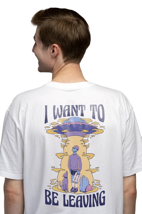 Tricou Barbati Cu Om Luat De Nava Spatiala DE Extraterstri, Mesaj In Engleza I Want To Be Leaving, Om Cu Palarie, Filme SF, cu imprimeu pe Spate, 100% Bumbac, Alb, L
