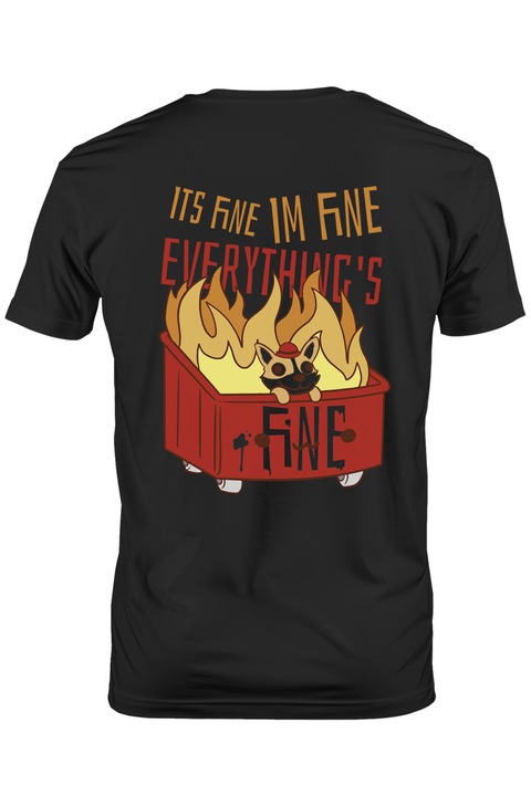 Tricou Barbati Cu Caine Intr-o Lada In Flacari, Mesaj In Engleza It's Fine, I'm Fine Everything's Fine, Iubitorii De Animale, cu imprimeu pe Spate, 100% Bumbac, Negru, L