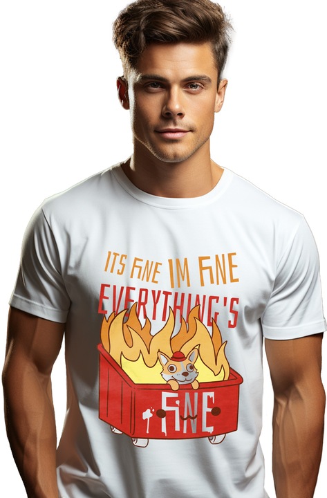 Tricou Barbati Cu Caine Intr-o Lada In Flacari, Mesaj In Engleza It's Fine, I'm Fine Everything's Fine, Iubitorii De Animale, cu imprimeu pe Fata, 100% Bumbac, Alb, XL