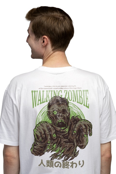 Мъжка тениска Zombie Horror Portrait, English Text Walking Zombie, Chinese Text, Sci-Fi Movie Lovers, Чисто бяло