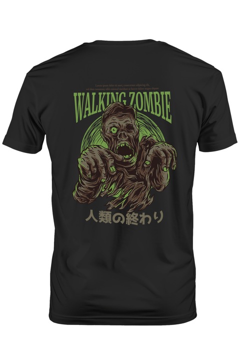 Мъжка тениска Zombie Horror Portrait, English Text Walking Zombie, Chinese Text, Sci-Fi Movie Lovers, Тъмно черно