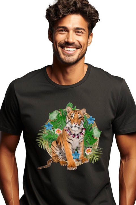 Мъжка тениска с портрет на тигърче с огърлица с цветя, сред природата, животно от джунглата, любители на сафари, Черен