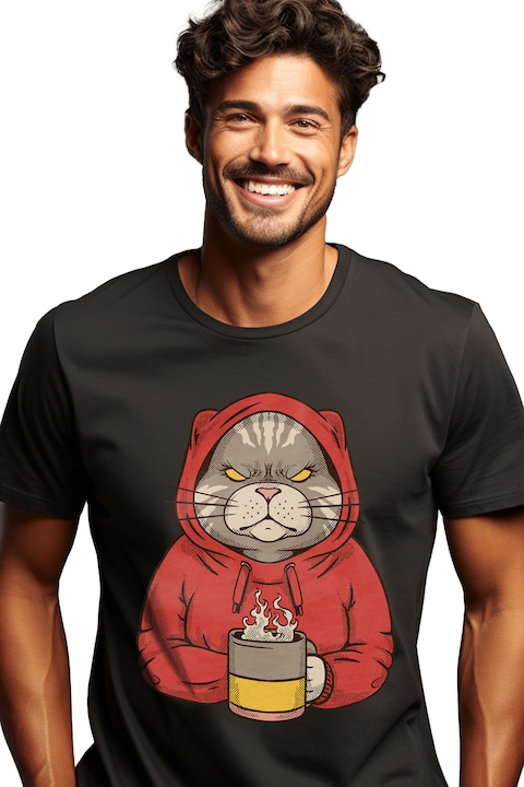 Мъжка тениска Angry Cat In Red Hoodie, мъжка тениска с кафе, карикатури, любители на котки и котки, Черен