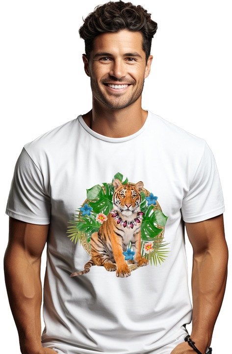 Мъжка тениска с портрет на тигърче с огърлица с цветя, сред природата, животно от джунглата, любители на сафари, Бял