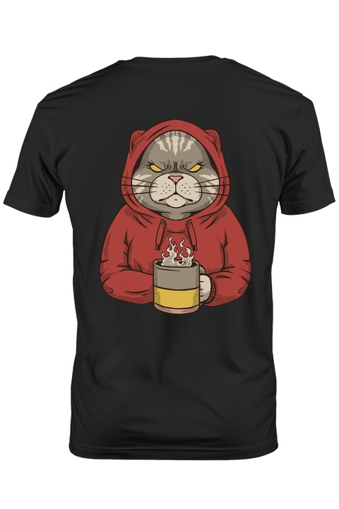 Tricou Barbati Cu Portret Pisica Suparata In Hanorac Cu Gluga Rosu, Tricou Barbati De Cafea, Desene animate, Iubitorii De Pisici Si Motani, cu imprimeu pe Spate, 100% Bumbac, Negru, M