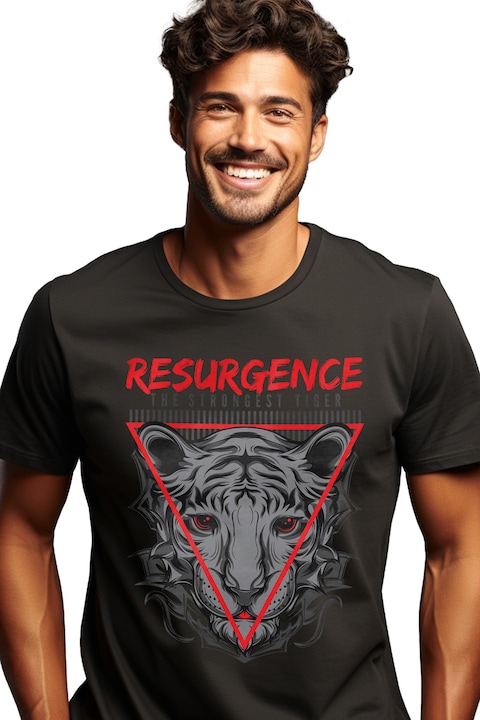 Мъжка тениска с портрет на бял тигър, червени очи, червени триъгълници, възраждане на английски текст Най-силният тигър, любители на сафари, Черен
