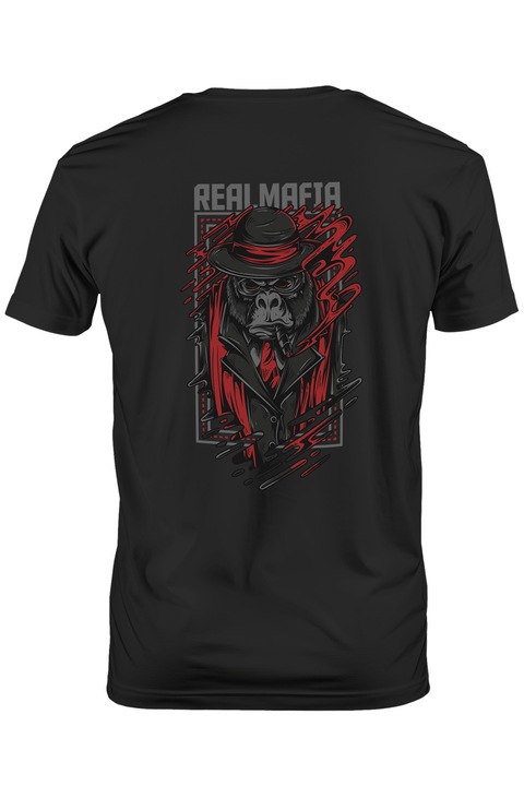 Мъжка тениска с портрет на горила Елегантно облекло на мафията Червена шапка бандана Костюм с червена вратовръзка Пура Английски текст, Тъмно черно