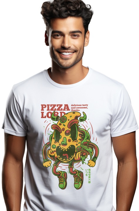 Flying Monster Face Grinning English Text Pizza Lod Fast Food Любители на храна Тениска с щампа на лицето 100% памук Бяла L
