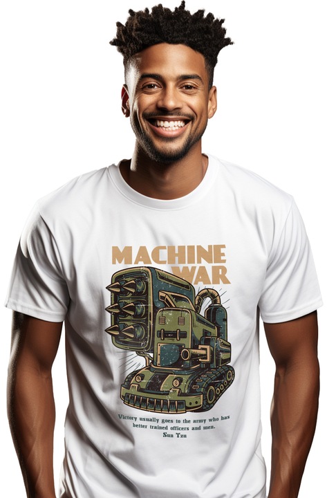 Tricou Barbati Cu Masinarie Monstru Verde Din Fier De Razboi, Mitraliere, Arme, Text In Engleza Machine war, Iubitorii De Filme SF, cu imprimeu pe Fata, 100% Bumbac, Alb, XL