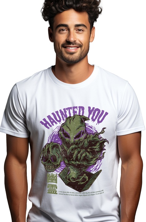 Мъжка тениска с чудовище с човешки череп в ръка, английски текст Haunted You, произведение на изкуството, илюстрация, уникален, креативност, щампа отпред, 100% памук, бяло, L