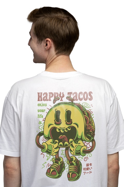Мъжка тениска с порция такос, усмихнато личице, текст на английски Happy Tacos, произведение на изкуството, илюстрация, уникален, креативност, щампа на гърба, 100% памук, бяло, L