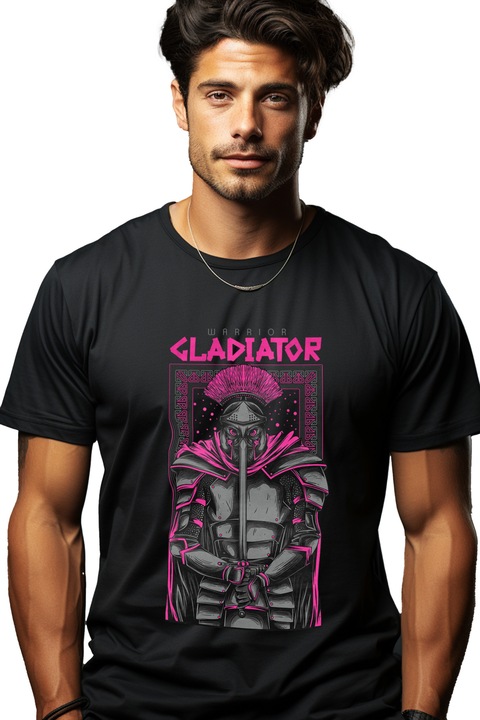 Мъжка тениска със силуетен портрет в желязна броня с розов гребен, английски текст Warrior Gladiator, Черен