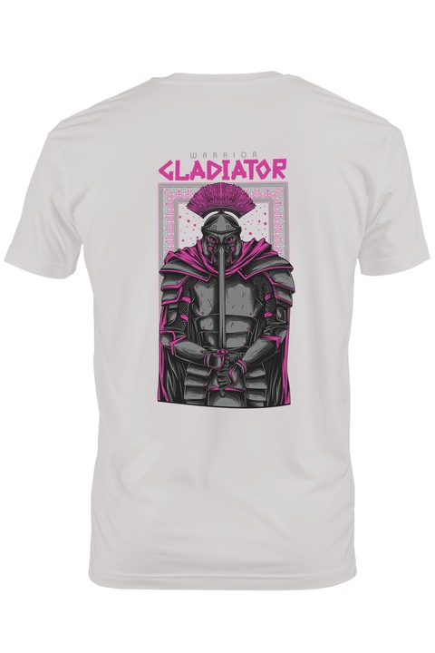 Мъжка тениска със силуетен портрет в желязна броня с розов гребен, английски текст Warrior Gladiator, Чисто бяло