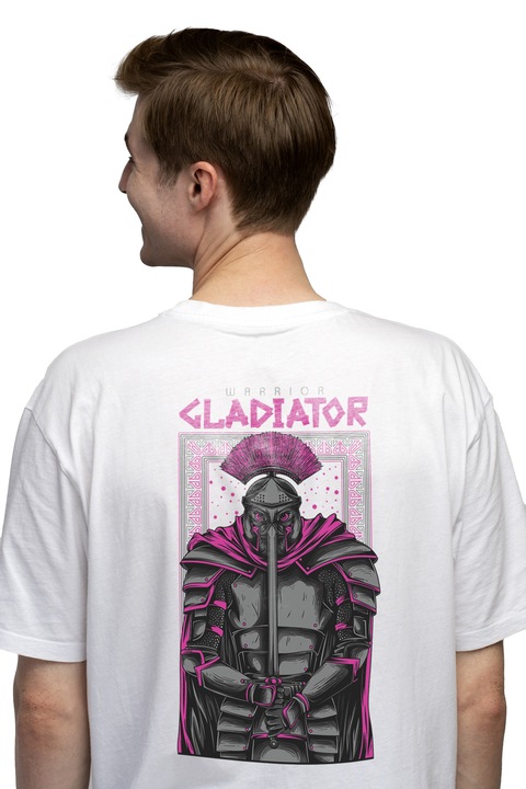 Мъжка тениска със силуетен портрет в желязна броня с розов гребен, английски текст Warrior Gladiator, Чисто бяло
