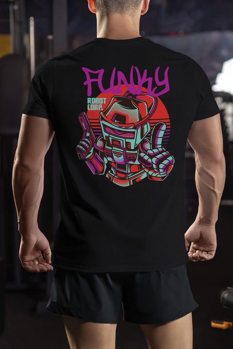 Мъжка тениска с робот, показващ знак за мир, английски текст, фънки робот, илюстрация, уникален, креативност, щампа на гърба, 100% памук, черно, S