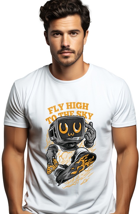 Мъжка тениска с компютърен монитор с лост за видеоигри в ръка на дъска за скейтборд, текст на английски език, полети високо до небето, Бял
