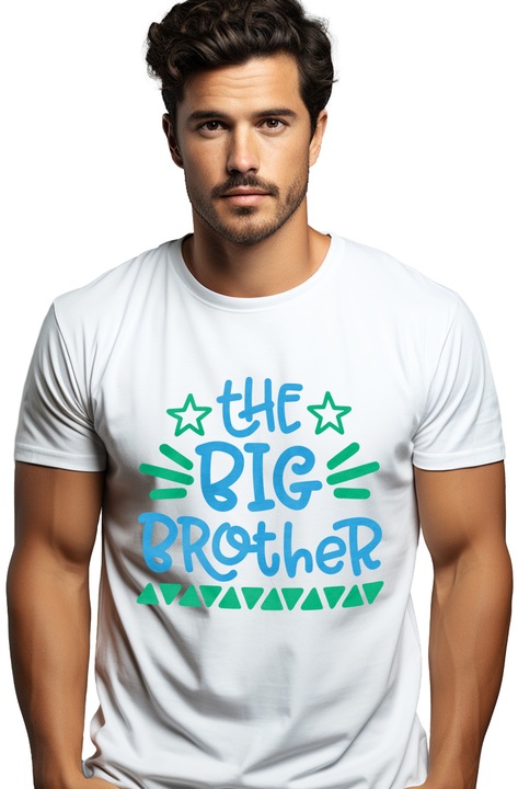 Мъжка тениска с цветен текст на английски The Big Brother, Best Brother, Big Brother, Best Friend, Family Lovers, Бял