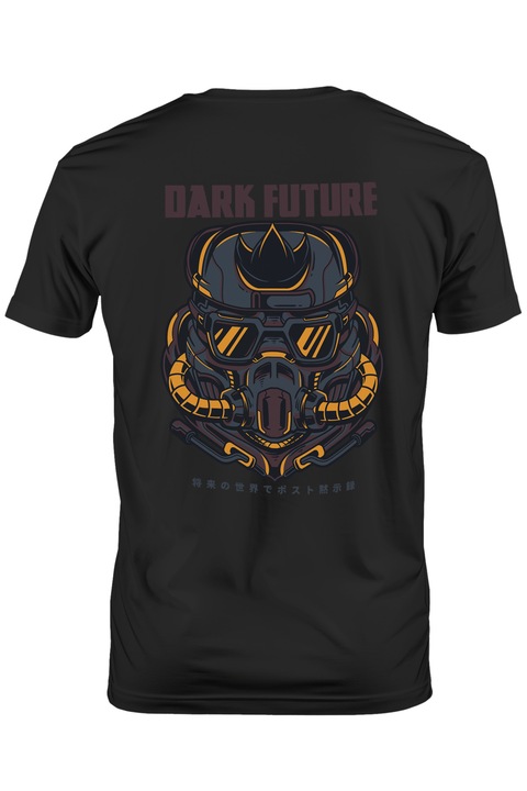 Мъжка тениска с противогаз робот маска, текст на английски Dark Future, илюстрация, уникален, креативност, Тъмно черно