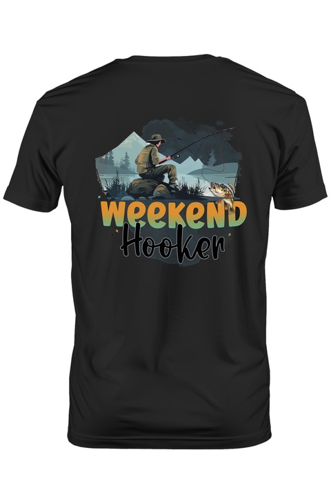Tricou Barbati cu un pescar cu mesajul "Weekend hooker", undita, peste, munti, lac, ilustratie, pasiune, carlig cu Maner Alb cu imprimeu pe Spate, 100% Bumbac, Negru, S