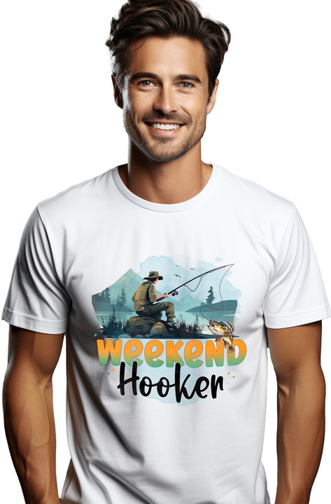 Tricou Barbati cu un pescar cu mesajul "Weekend hooker", undita, peste, munti, lac, ilustratie, pasiune, carlig cu Maner Alb cu imprimeu pe Fata, 100% Bumbac, Alb, L
