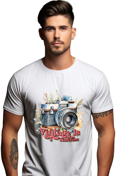 Tricou Barbati cu un aparat de fotografiat cu mesajul "Vintage is timeless", ilustratie, activitate, etern, moda veche, plante, imortalizeaza cu Maner Alb cu imprimeu pe Fata, 100% Bumbac, Alb, L