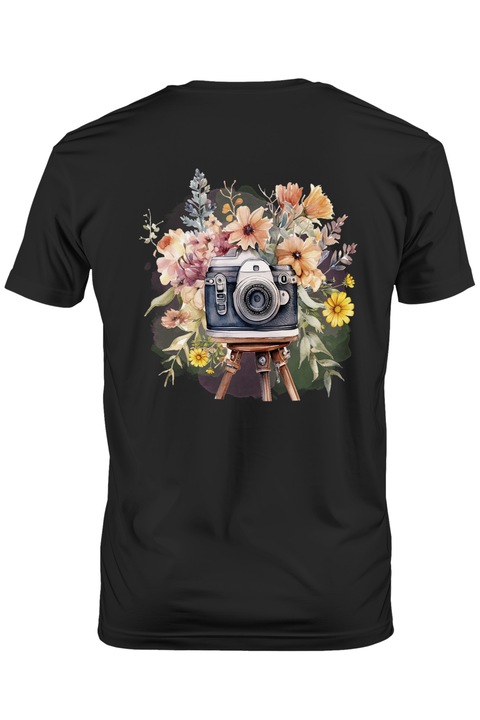 Tricou Barbati cu un aparat de fotografiat cu multe flori, ilustratie, activitate, natura, poze, imagini, fundal verde si roz, pasiune cu Maner Alb cu imprimeu pe Spate, 100% Bumbac, Negru, L