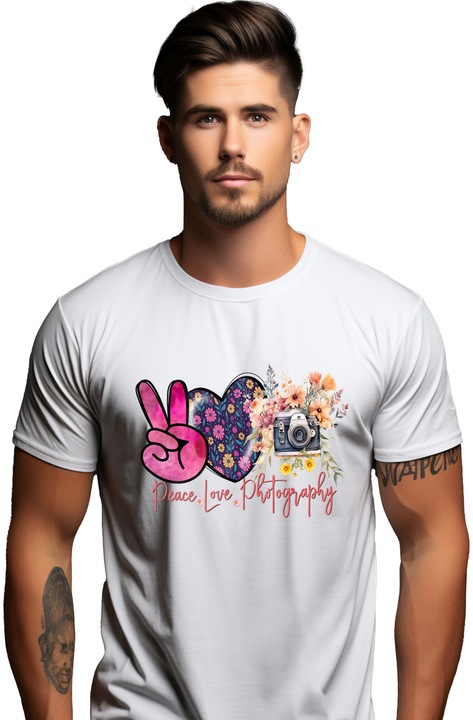 Мъжка тениска с послание "Мир, любов, фотография", илюстрация, активност, мир, любов, фотография, снимки, камера, сърце, цветя с бяла дръжка, Бял
