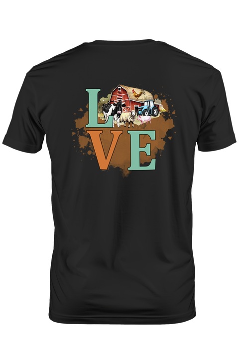 Мъжка фермерска тениска с послание "Love", животни, трактор, птица, любов, страст към фермата, илюстрация, кафява с бяла дръжка, Тъмно черно
