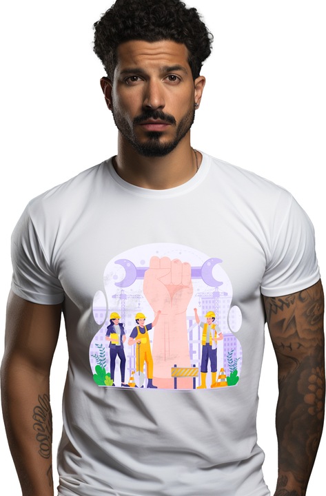 Мъжка тениска със строителна площадка, инженер, работник, кран, гаечен ключ,, Бял