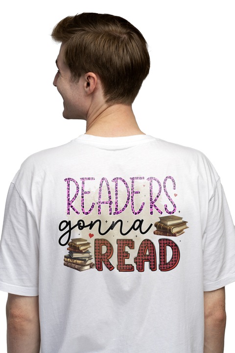 Мъжка тениска с надпис "Читателите ще четат", книга, илюстрация, литература, четиво, читателите ще четат, купища книги, сърца с бяла дръжка, Чисто бяло