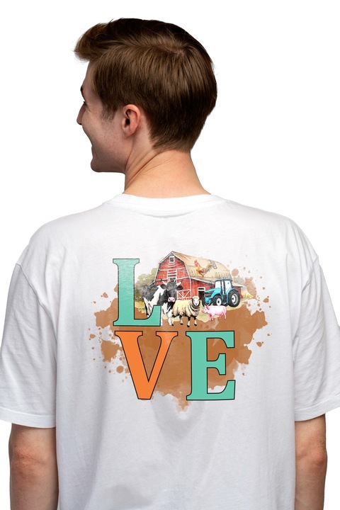 Мъжка фермерска тениска с послание "Love", животни, трактор, птица, любов, страст към фермата, илюстрация, кафява с бяла дръжка, Чисто бяло