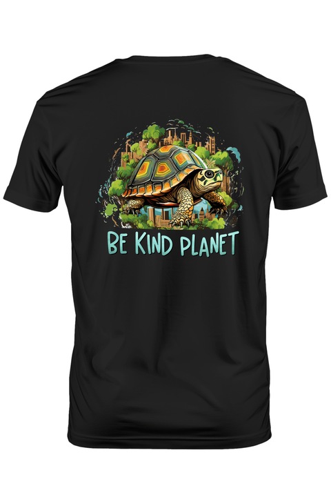 Мъжка тениска с костенурка с послание "Be kind, planet", илюстрация, информираност, защита, безопасност, защита, градове, природа с бяла дръжка, Тъмно черно